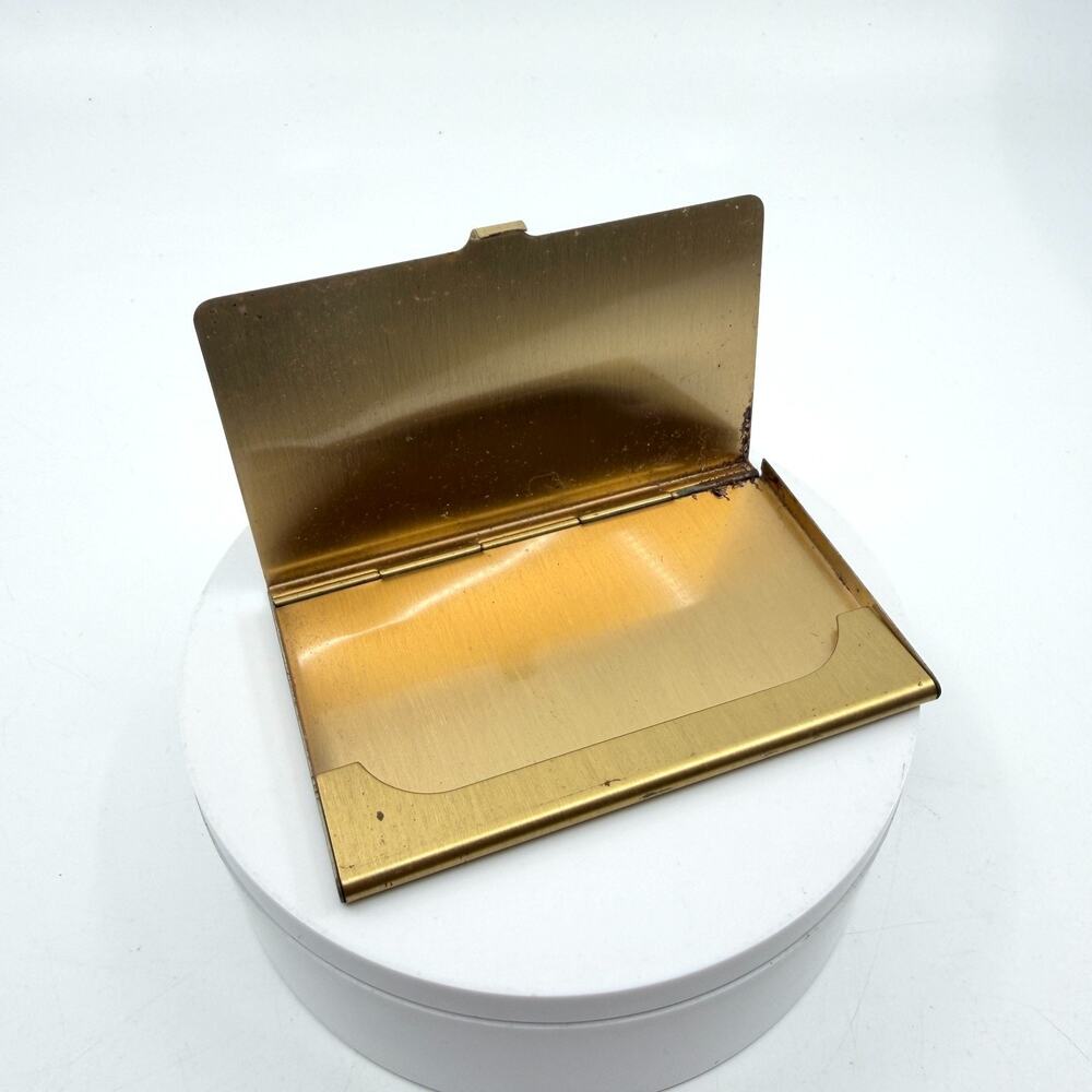 Brass Tone Metal Business Card Holder Case Minimalist Desk Office Accessory